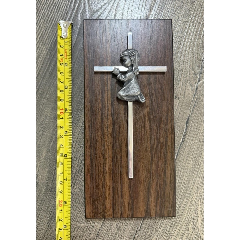 Vtg Christian Praying Girl Metal Cross On Wood - Mid Century Wall Decor